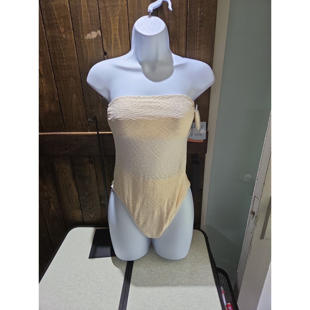 Shade‎ & Shore Lace Bandeau Swimsuit 1 Piece Size XS Cream Lace Shell Cheeky